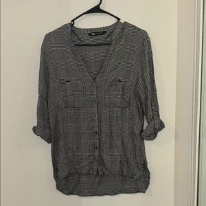 Zara Gray Button Down Blouse with Mandarin Collar